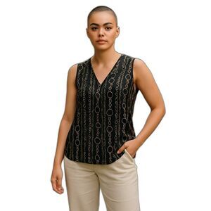 NEW Banana Republic X-Small Black Gold Tank Chain Design V-Neck Pleated Drapey